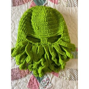 Handmade Crochet Octopus Cthulhu Balaclava Beanie Mask Lime Green Kids hat